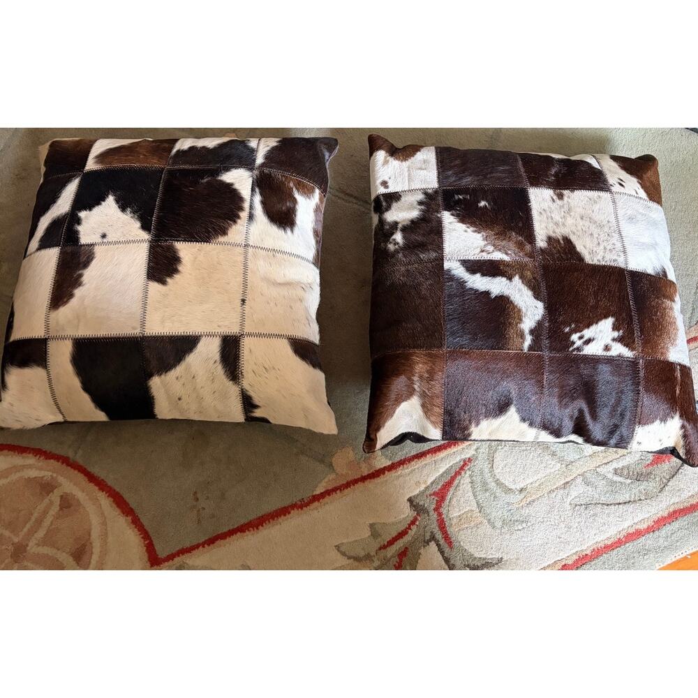 Natural Rugs Genuine Cowhide Patchwork Throw Pillows Brown White Set of 2